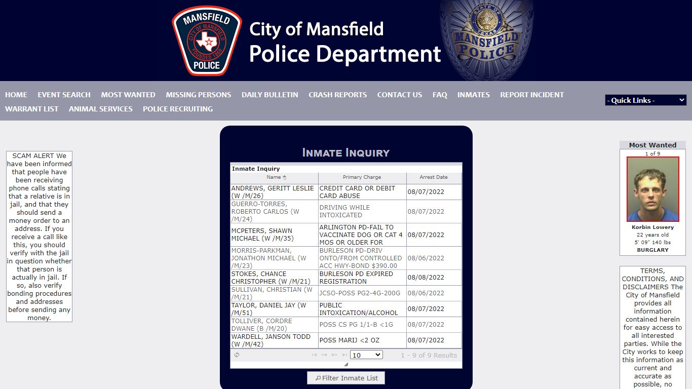 Inmate Inquiry - Mansfield Police Department P2C